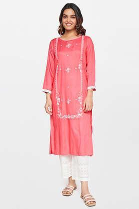 solid viscose round neck women's casual wear kurta - coral