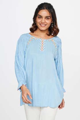 solid viscose round neck women's casual wear top - blue mix light
