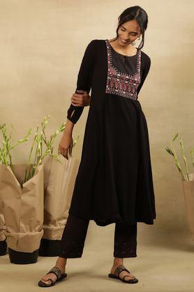 solid viscose round neck women's festive wear kurta - black