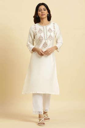 solid viscose round neck women's festive wear kurta - ecru