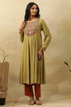 solid viscose round neck women's festive wear kurta - green