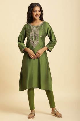 solid viscose round neck women's festive wear kurta - green