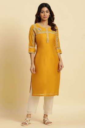 solid viscose round neck women's festive wear kurta - mustard