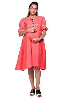 solid viscose round neck women's knee length dress - coral