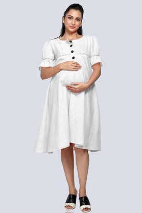 solid viscose round neck women's knee length dress - white