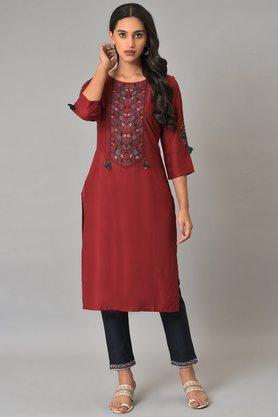 solid viscose round neck women's kurta - red