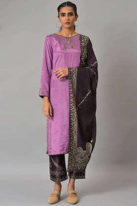 solid viscose round neck women's kurta pant dupatta set - purple