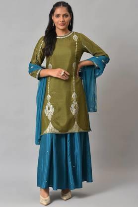 solid viscose round neck women's kurta trouser dupatta set - mint