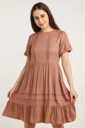 solid viscose round neck women's midi dress - brown