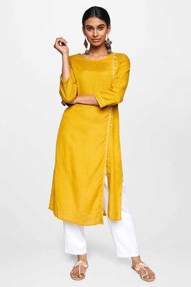 solid viscose round neck women's regular kurta - mustard