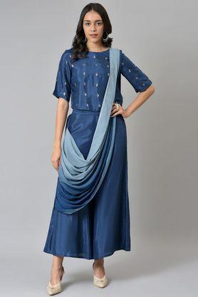 solid viscose round neck women's salwar kurta dupatta set - blue