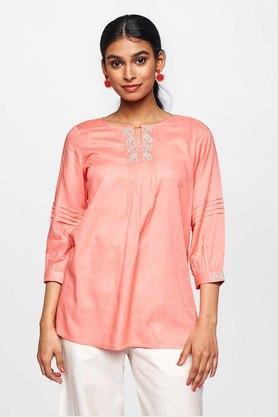 solid viscose round neck women's straight top - coral