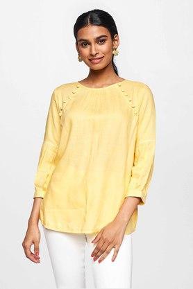 solid viscose round neck women's straight top - yellow