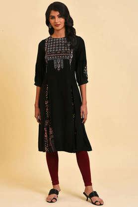 solid viscose round neck women's tunic - black