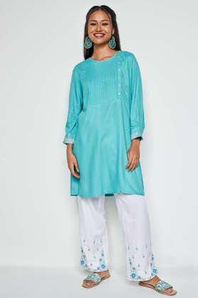 solid viscose round neck women's tunic - lime green