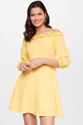solid viscose round neck womens knee length dress - yellow