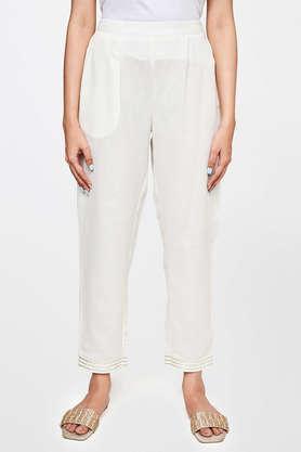 solid viscose straight fit women's festive wear pants - off white