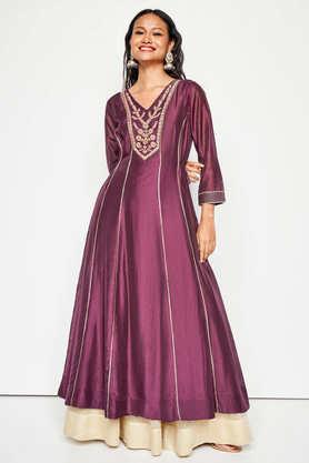 solid viscose v-neck women's festive wear kurta - purple