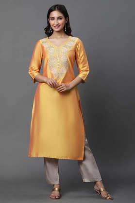 solid viscose v-neck women's festive wear kurta - yellow