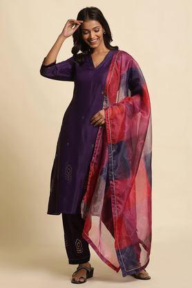 solid viscose v-neck women's kurta set - purple
