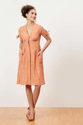 solid viscose v neck women's midi dress - orange