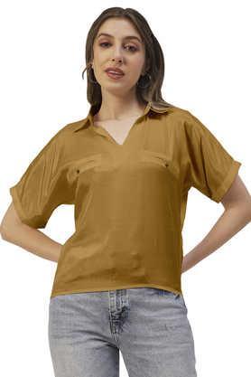 solid viscose v neck women's top - brown