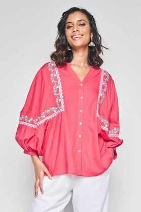 solid viscose v-neck women's top - coral