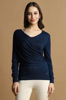 solid viscose v-neck women's top - navy