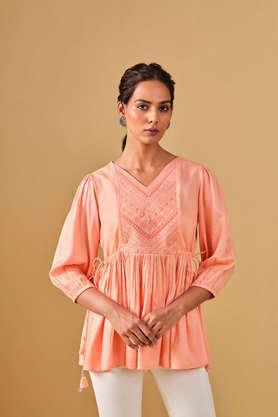 solid viscose v-neck women's top - peach