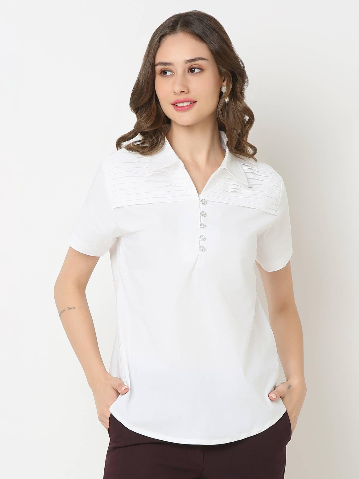 solid white pleating details at the yoke top