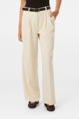 solid wide leg fit blended fabric women's formal wear pants - cream