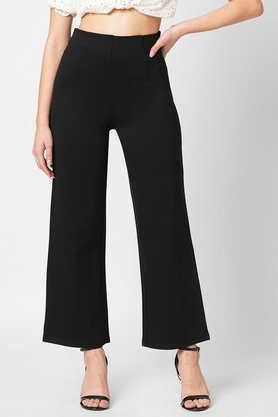 solid wide leg fit cotton blend women's casual wear pants - black