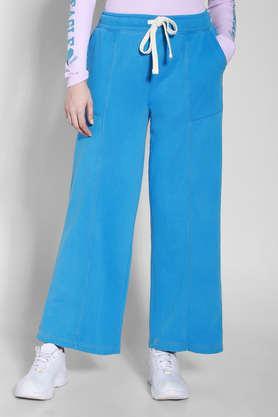 solid wide leg fit cotton blend women's casual wear pants - blue