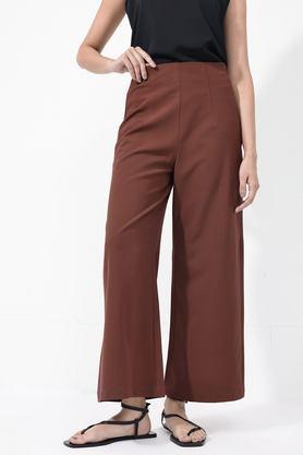 solid wide leg fit cotton women's casual wear trousers - rust