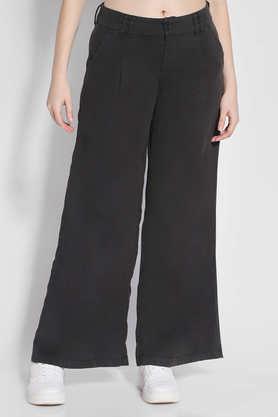 solid wide leg fit lyocell women's casual wear pants - black
