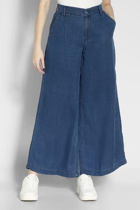 solid wide leg fit lyocell women's casual wear pants - blue