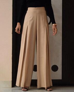 solid wide leg pleat-front pants