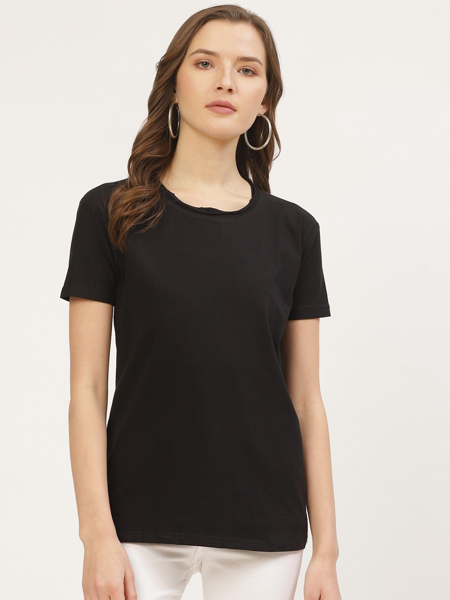 solid women round neck black t-shirt