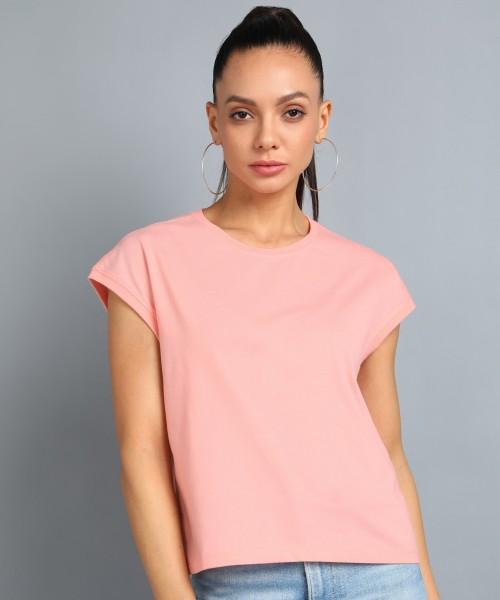 solid women round neck cotton blend pink t-shirt