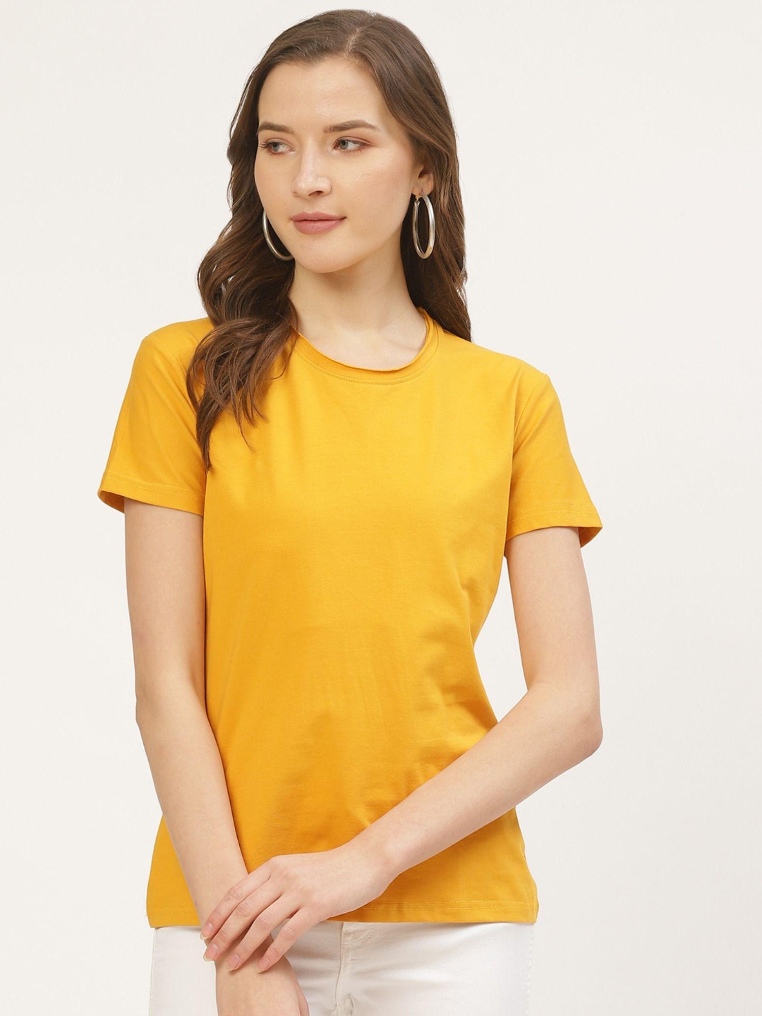 solid women round neck yellow t-shirt