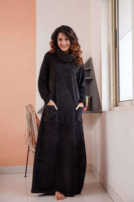 solid wool high neck women's maxi dress - black