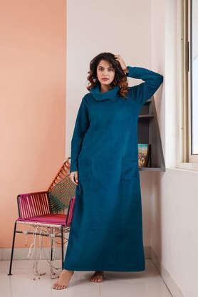 solid wool high neck women's maxi dress - teal