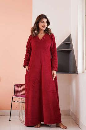 solid wool v-neck women's maxi dress - maroon