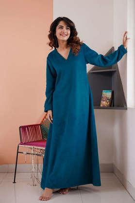 solid wool v-neck women's maxi dress - teal