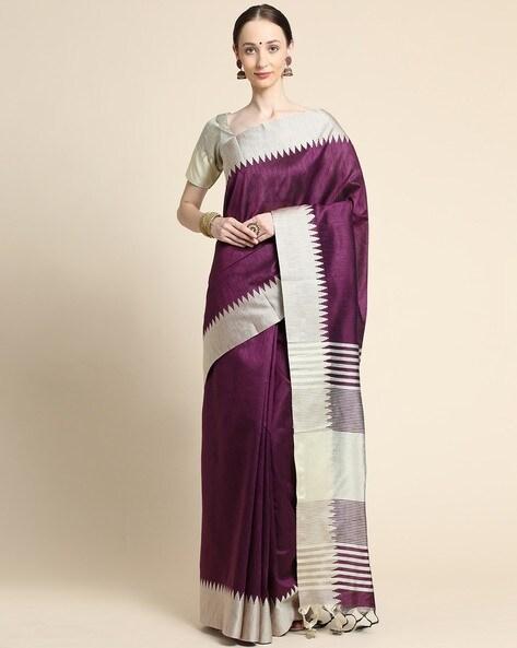 solid woven raw silk saree with tassels