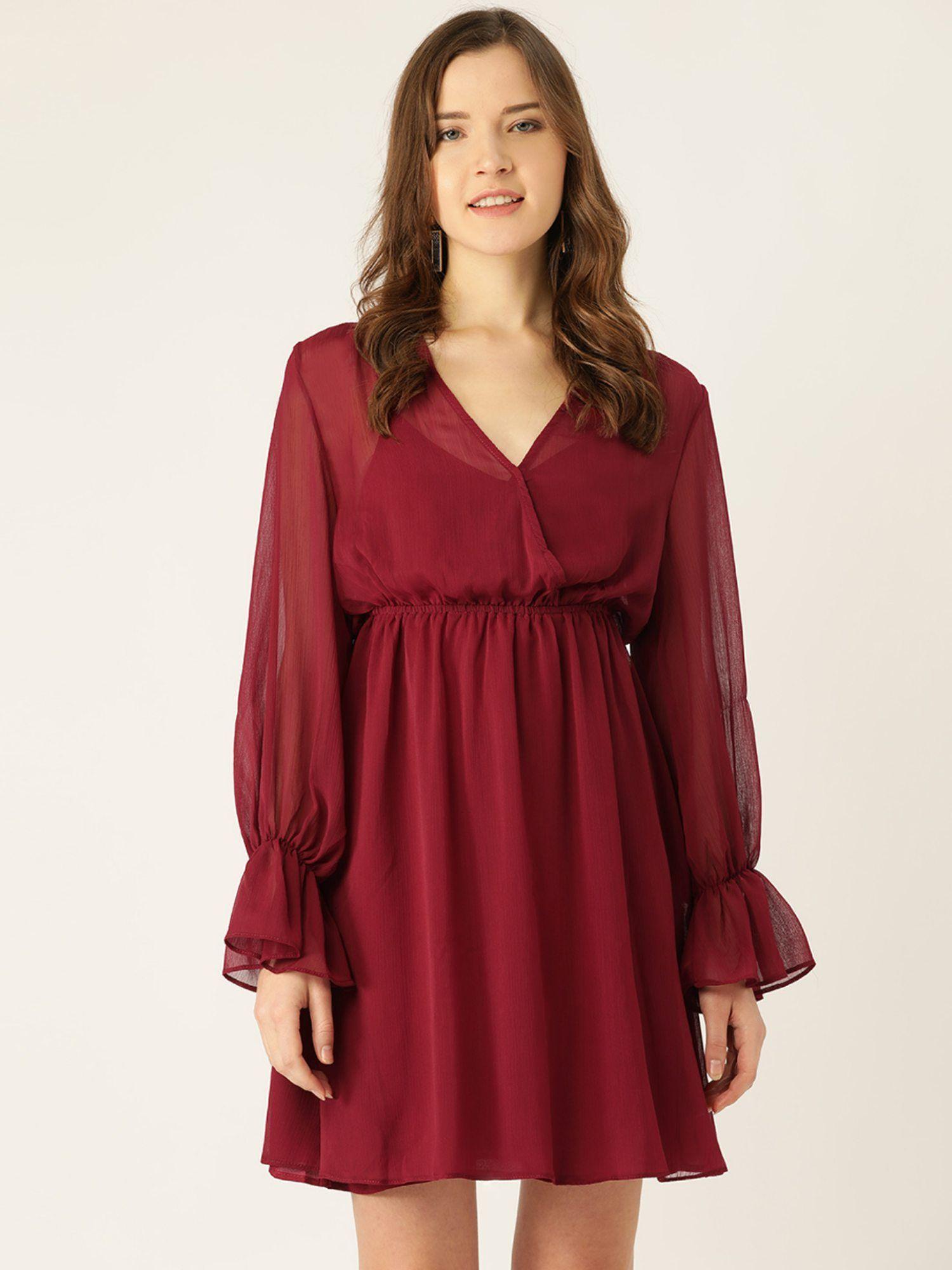 solid wrap casual maroon dress