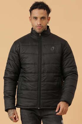 solid zipper slim fit men's winter wear puffer jacket - black