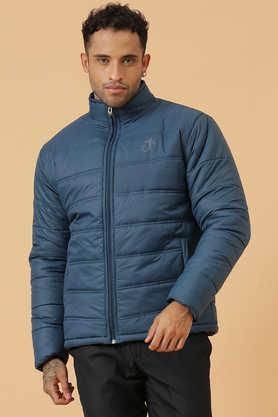 solid zipper slim fit men's winter wear puffer jacket - blue