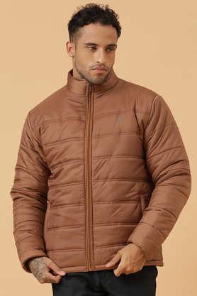 solid zipper slim fit men's winter wear puffer jacket - tan