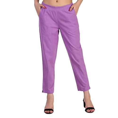 solidbottoms 100% cotton casual pant for women's | regular fit ankle length cotton trouser | straight fit pants for formal, office, casual and daily outdoor lifestyle (l, lavender)